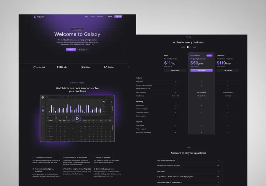 Galaxy - dark mode Tailwind SaaS template