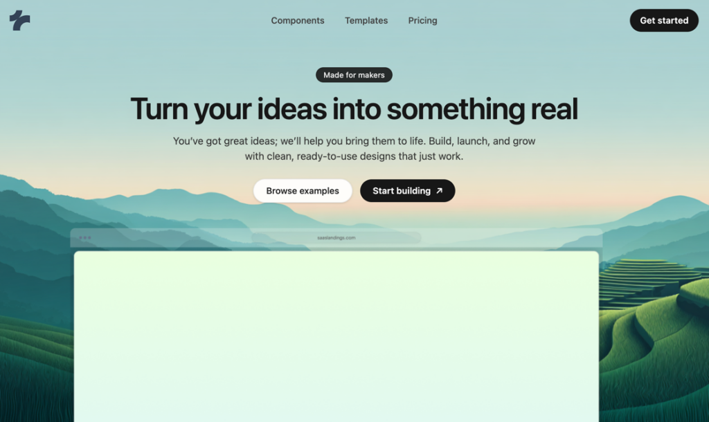 Wide hero background showing green rice terraces confined to the bottom quarter with light mist at the horizon and a large open pastel sky