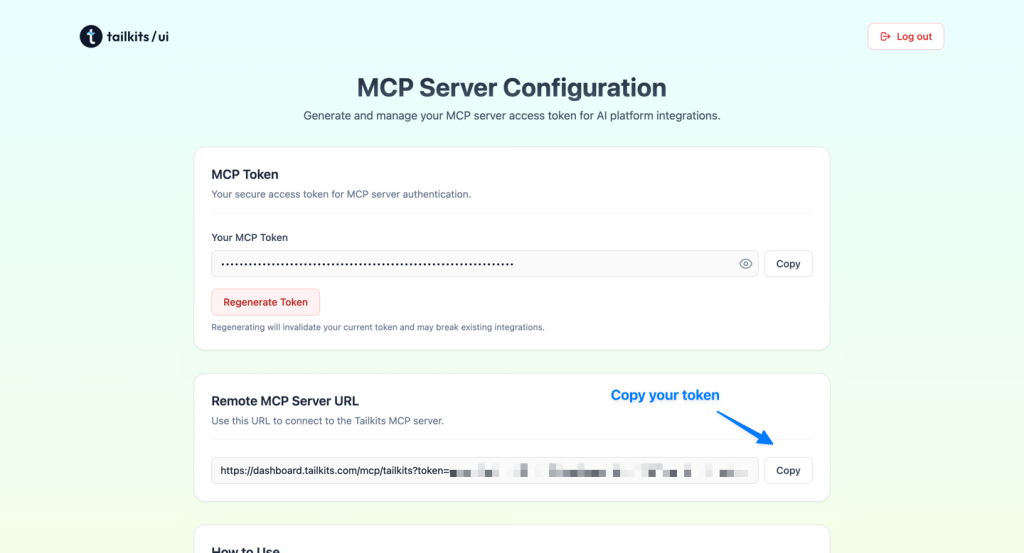 Tailkits UI Admin - Copy your unique MCP token